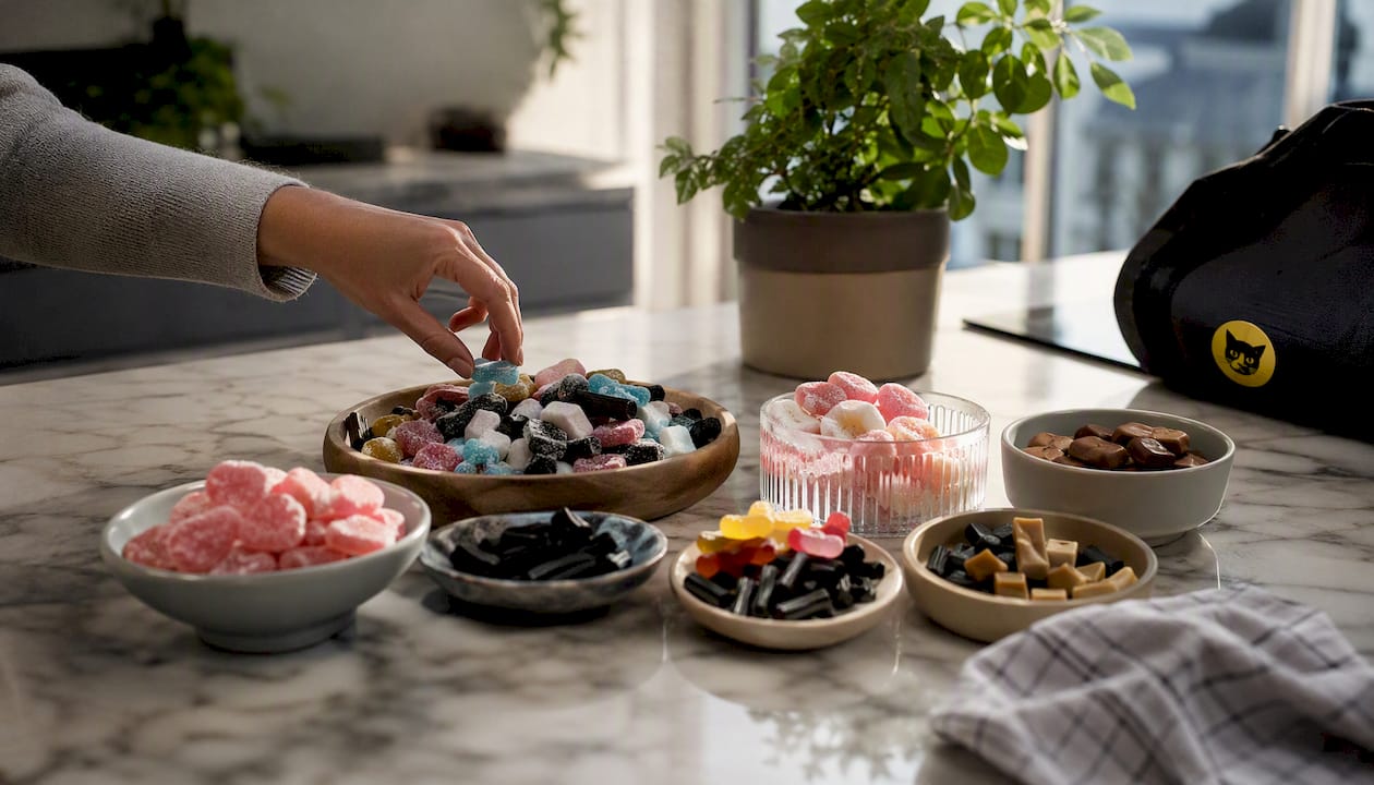Close-up of assorted Swedish candy on wooden surface