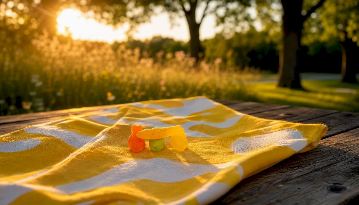Close-up of sugar-free gummies texture on cloth