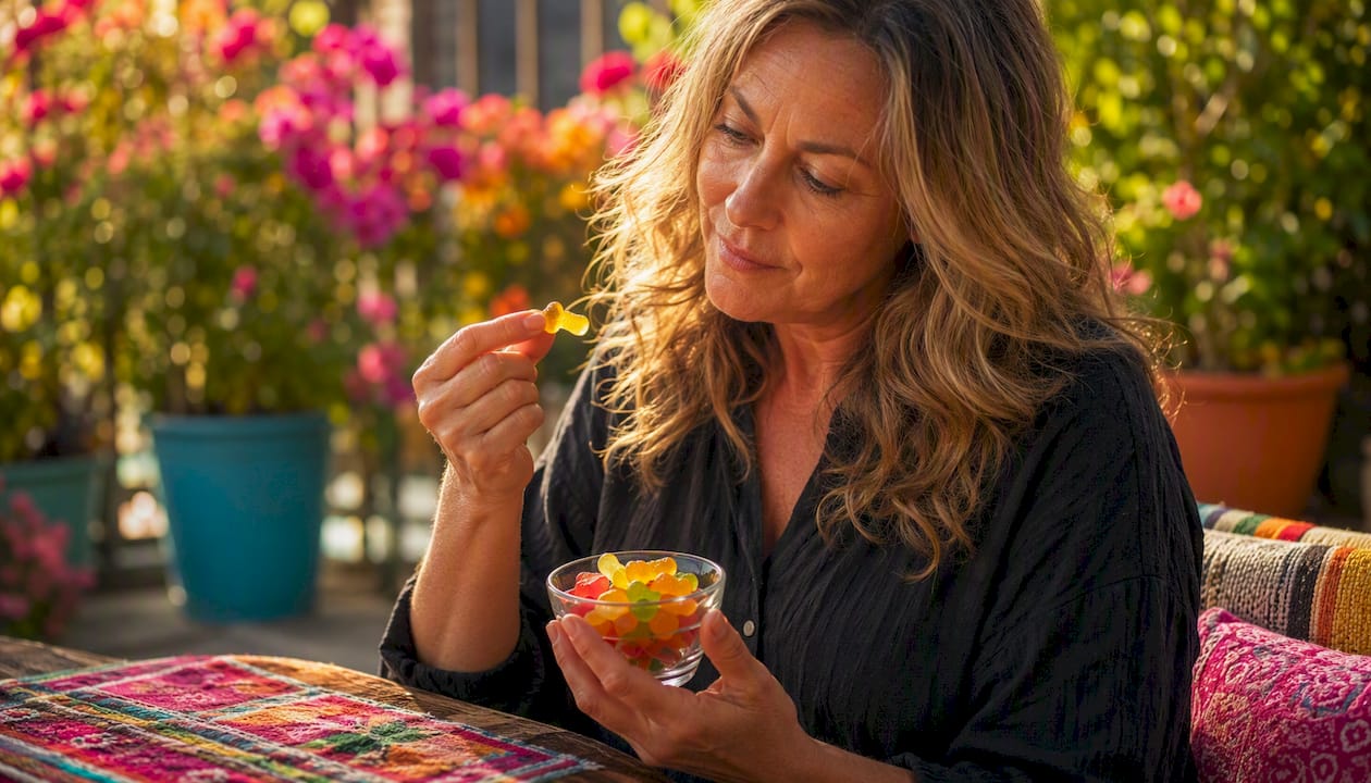 Woman inspecting sugar-free gummy candy