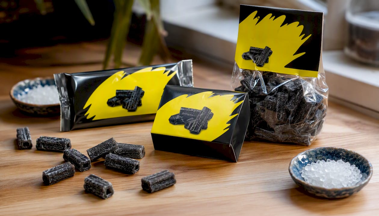 Different salmiak candy packages on kitchen counter