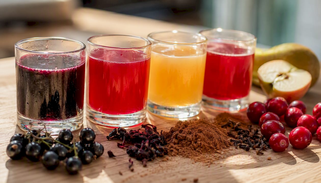 Four colored juice variations for non-alcoholic glogg
