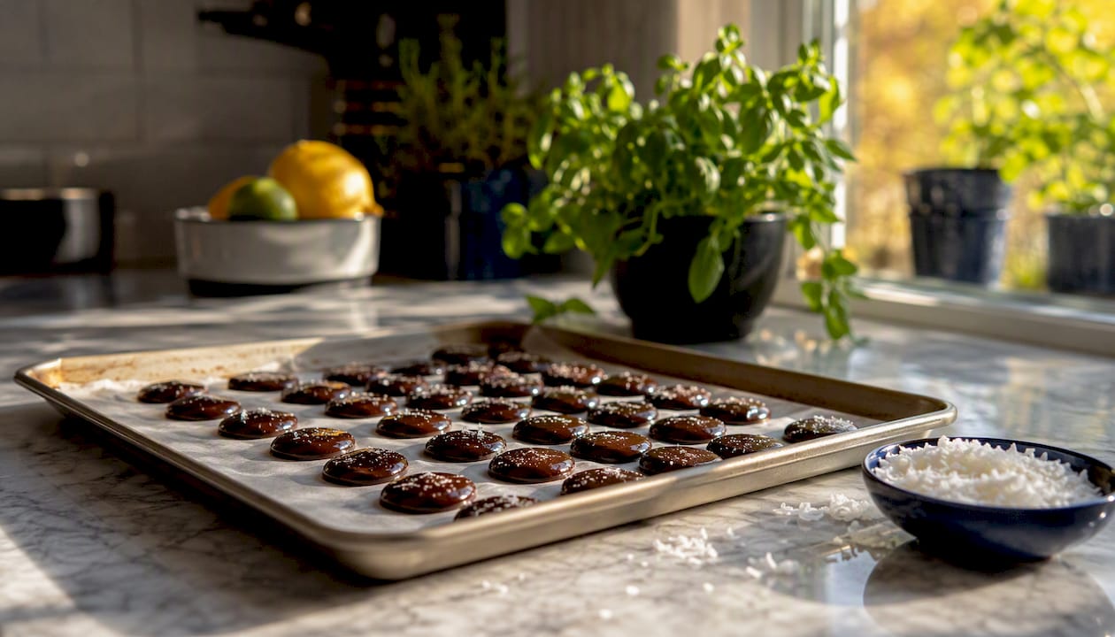 Ischoklad chocolate discs cooling on tray