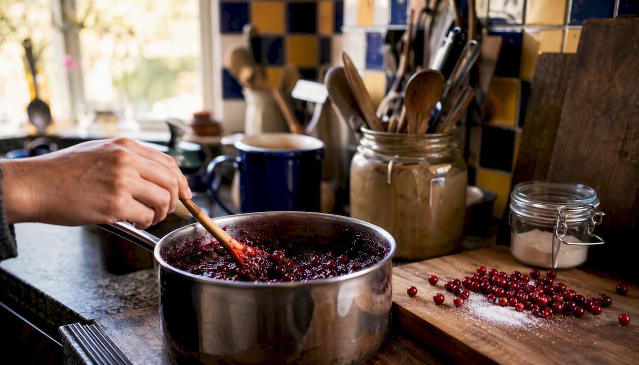 Stirring homemade lingonberry jam with spoon