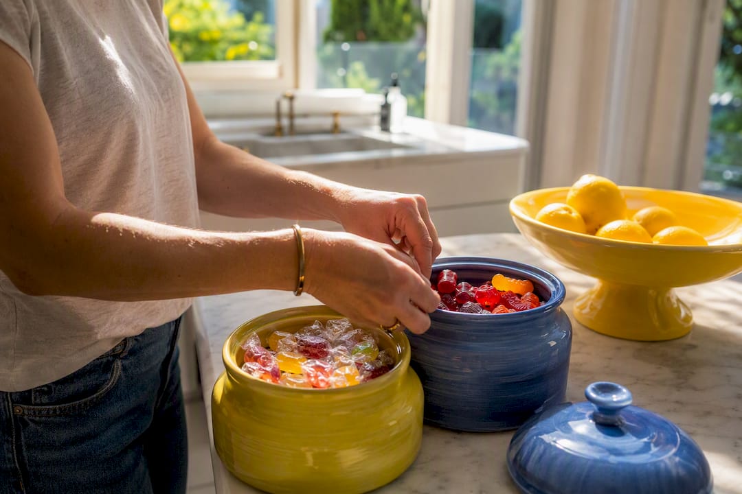Hands sorting candies by moisture into jars