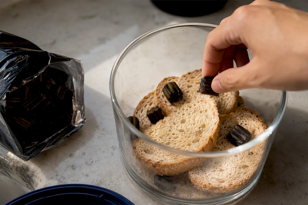 Licorice softening with bread moisture in container