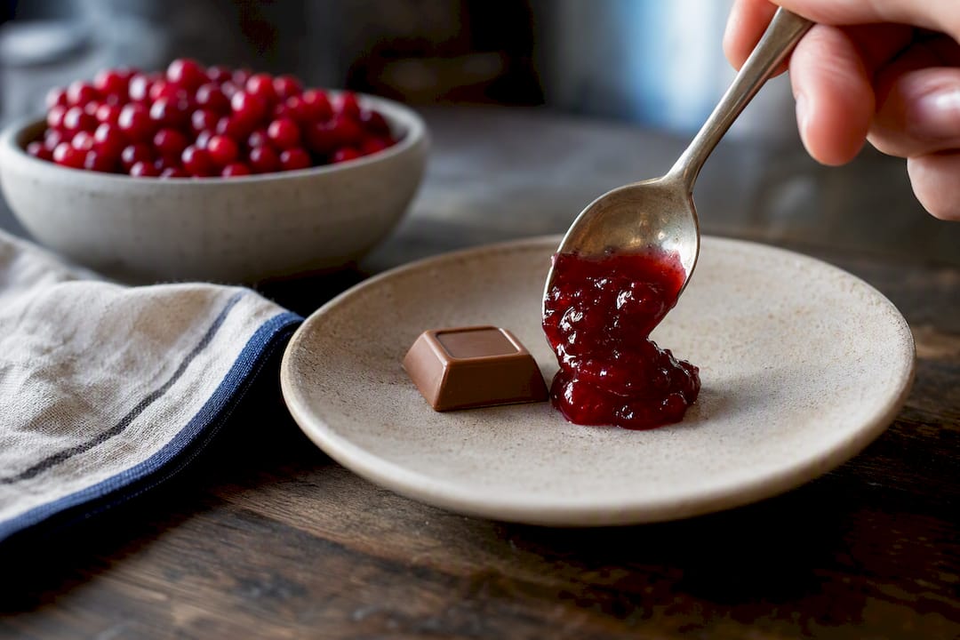 Lingonberry preserve beside milk chocolate