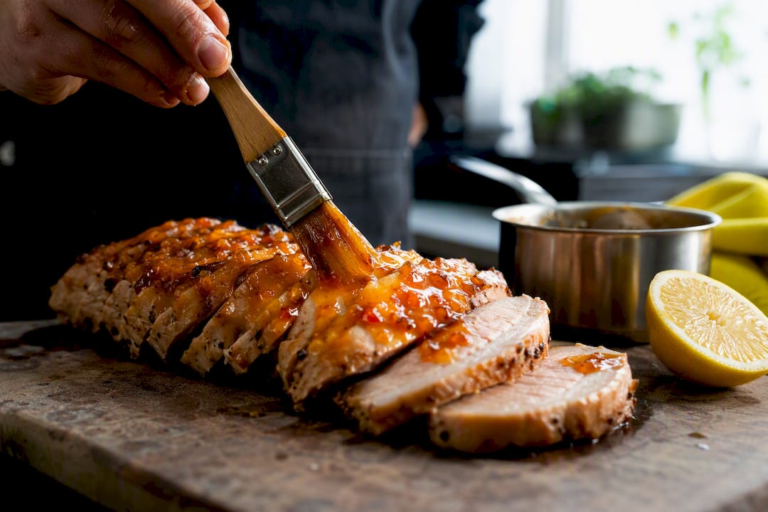 Cloudberry glaze brushed over roasted pork