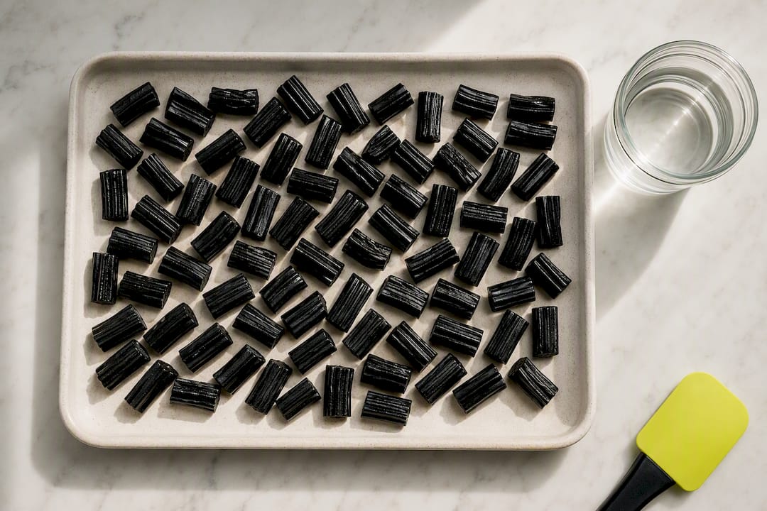 Licorice pieces spread in one layer