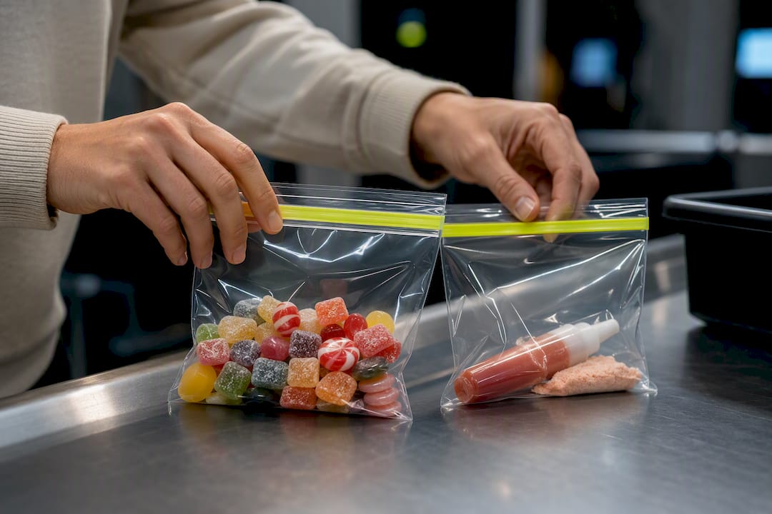 Candy sorted by solid and liquid texture