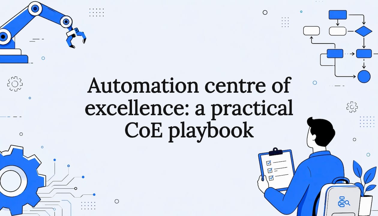 Decorative title card illustration with automation icons