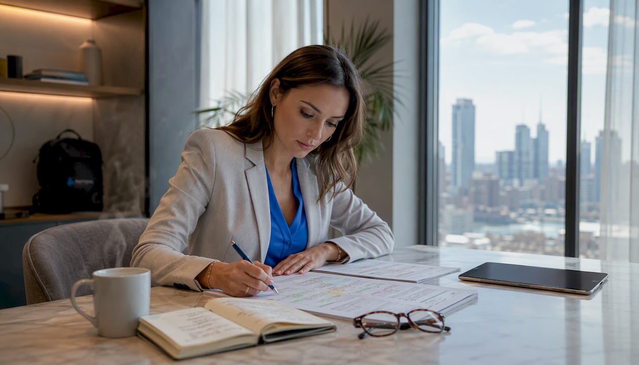 Woman reviewing enterprise SOP documents at desk