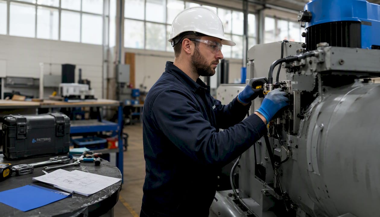 Technician executing work instructions closely