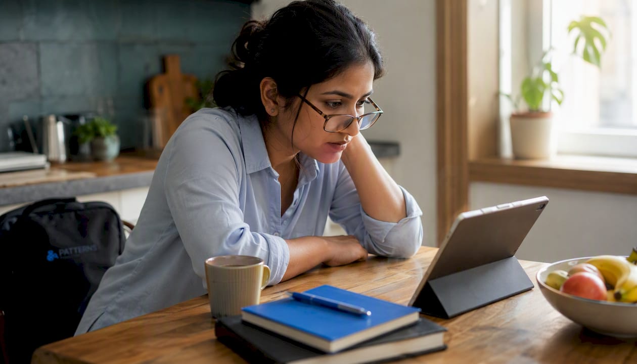 Woman watching AI narrated tutorial in home office