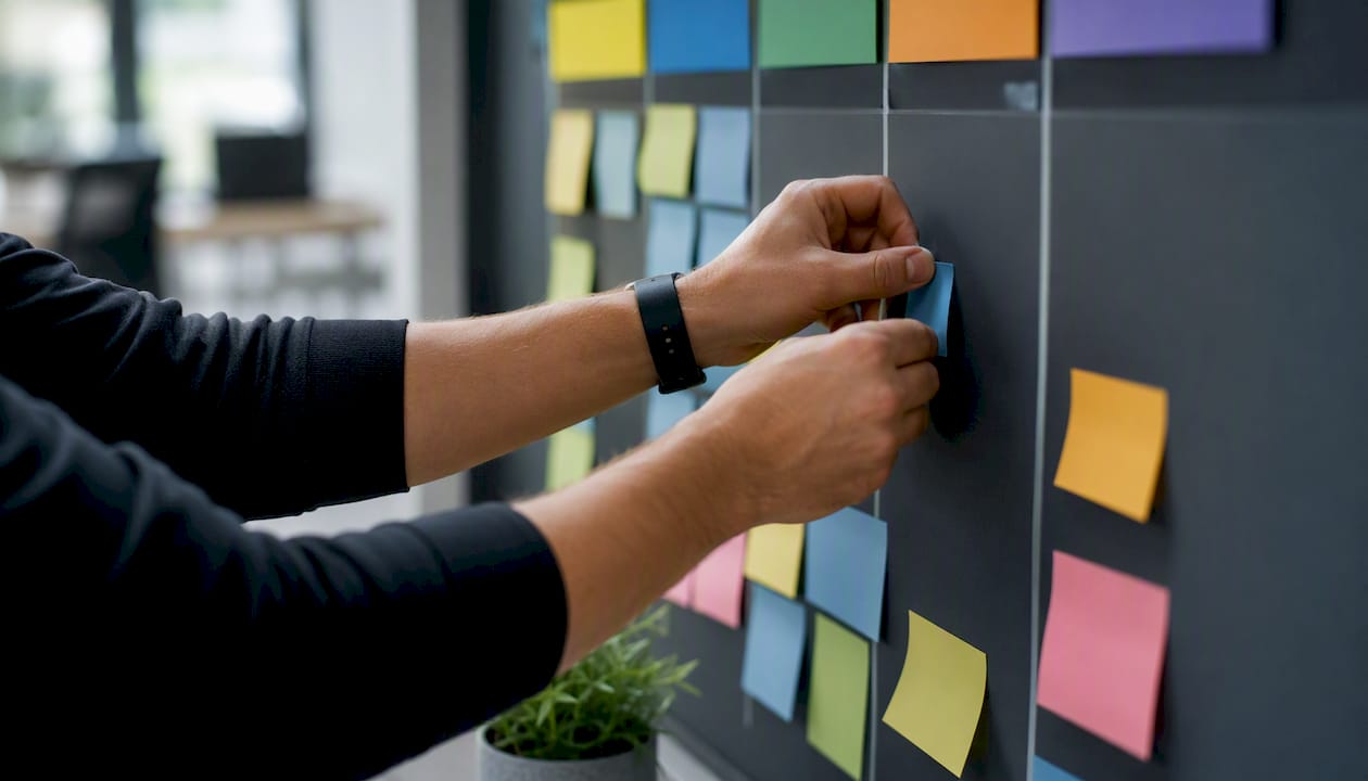 Hands moving cards on Kanban board