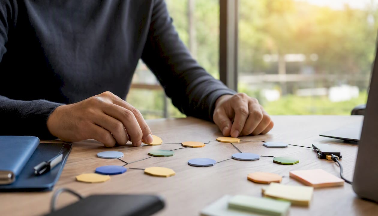 Hands arranging workflow tokens on desk