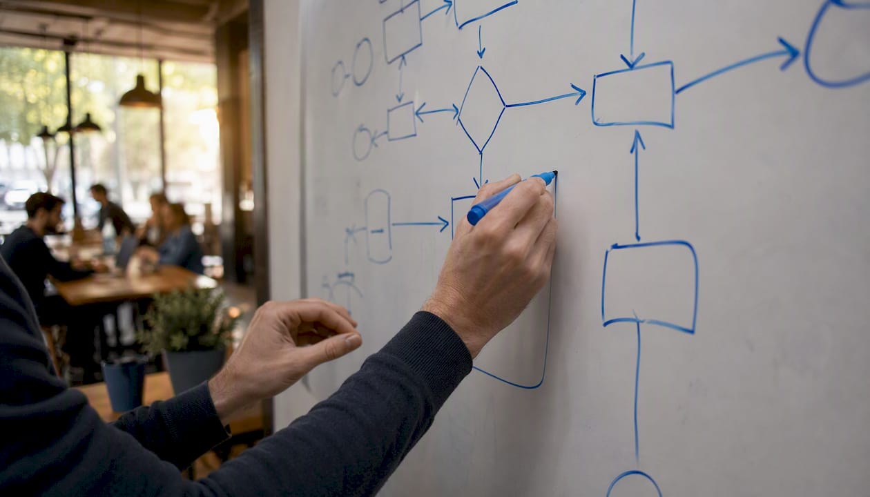 Hands sketching workflow map on whiteboard