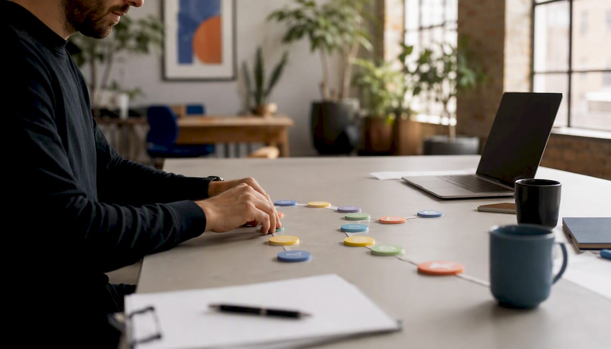 Hands arranging workflow tokens for onboarding process