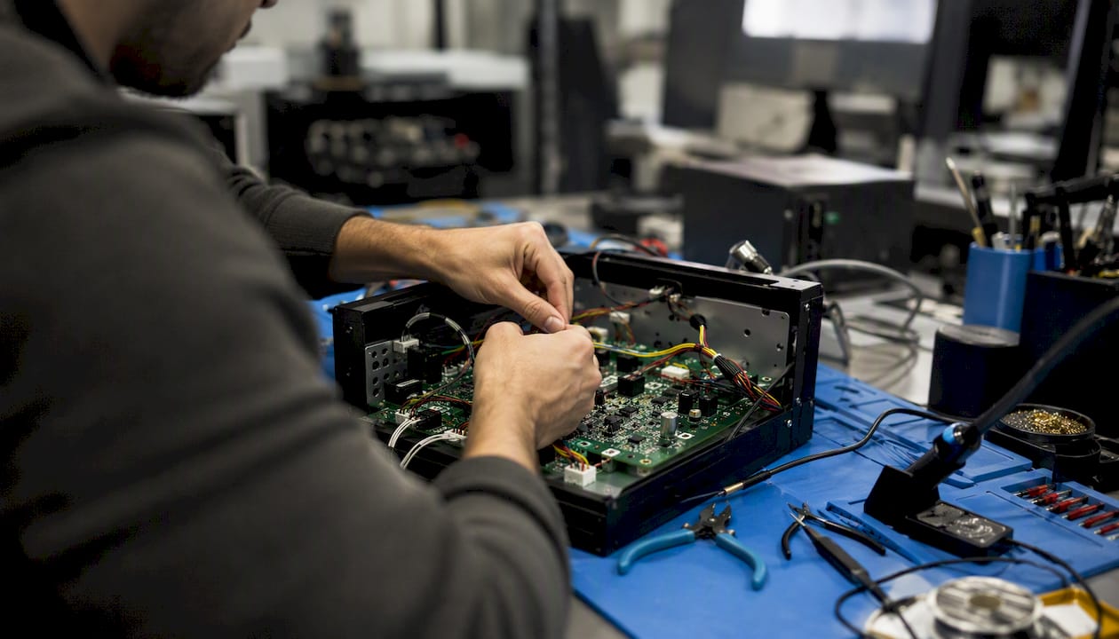 Hands repairing electronic wiring close-up