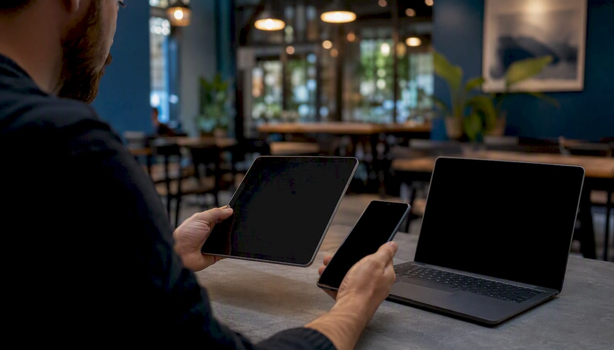 Hands navigating multiple devices with dark screens