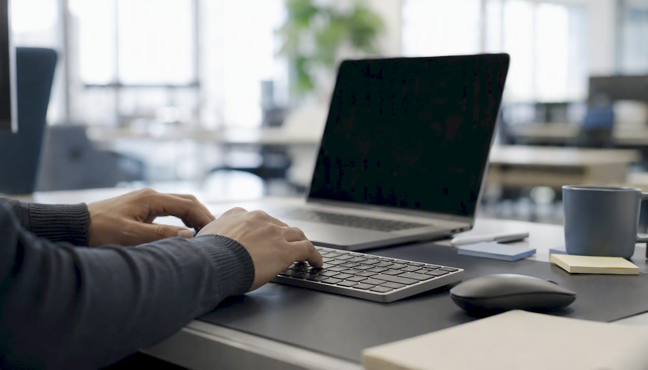 Hands typing on keyboard with dark screen