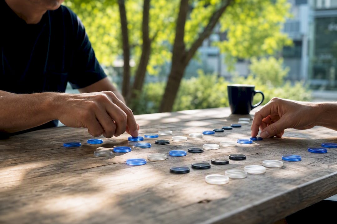 Hands arranging process flow tokens in workspace