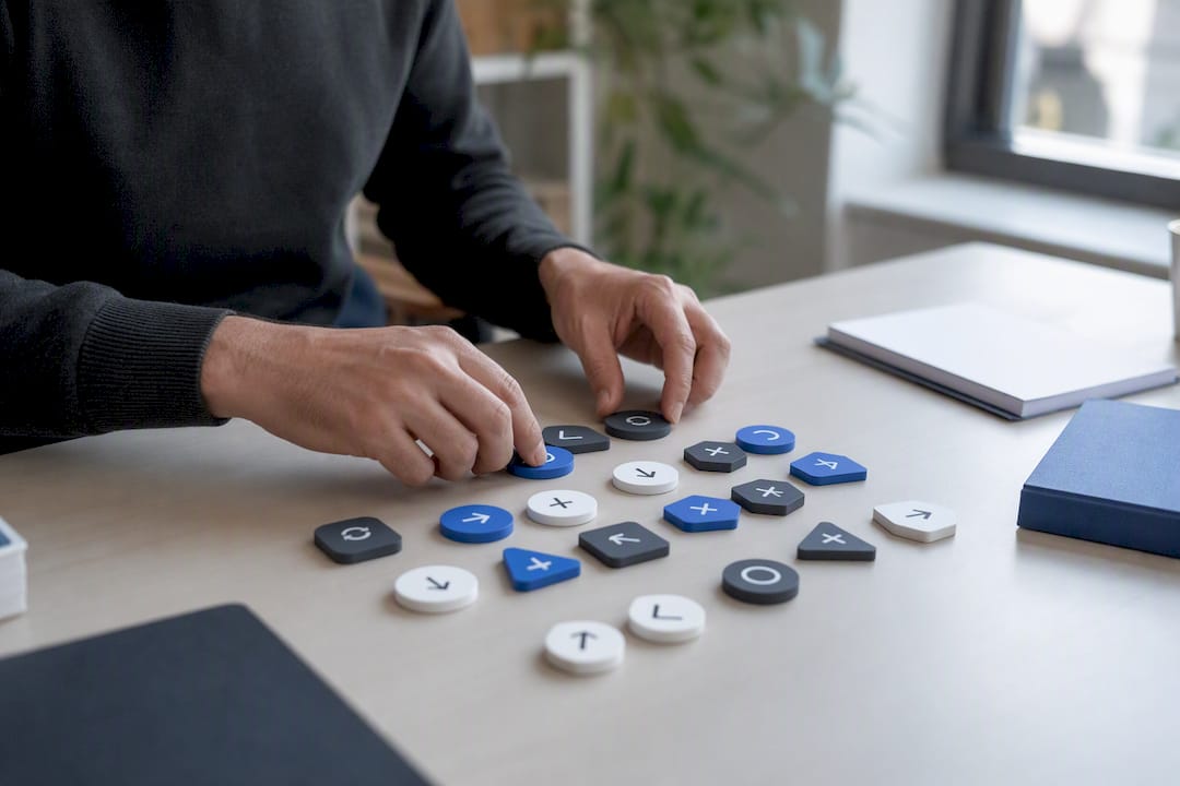 Hands arranging workflow tokens for process discovery