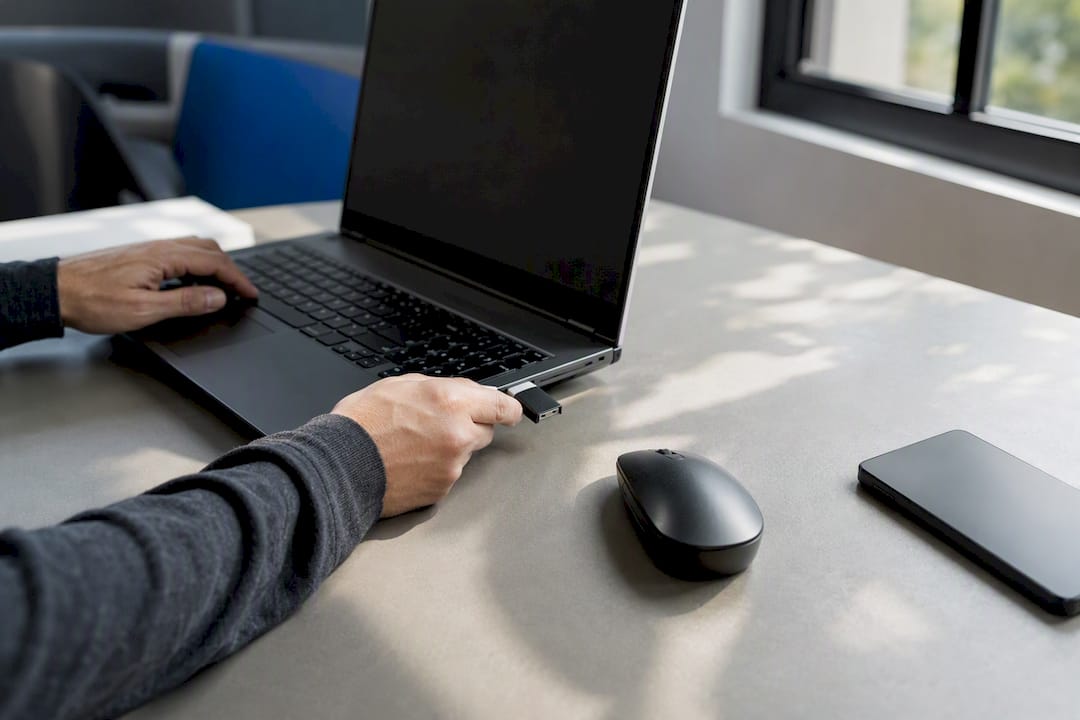 Hands plugging in USB device at desk