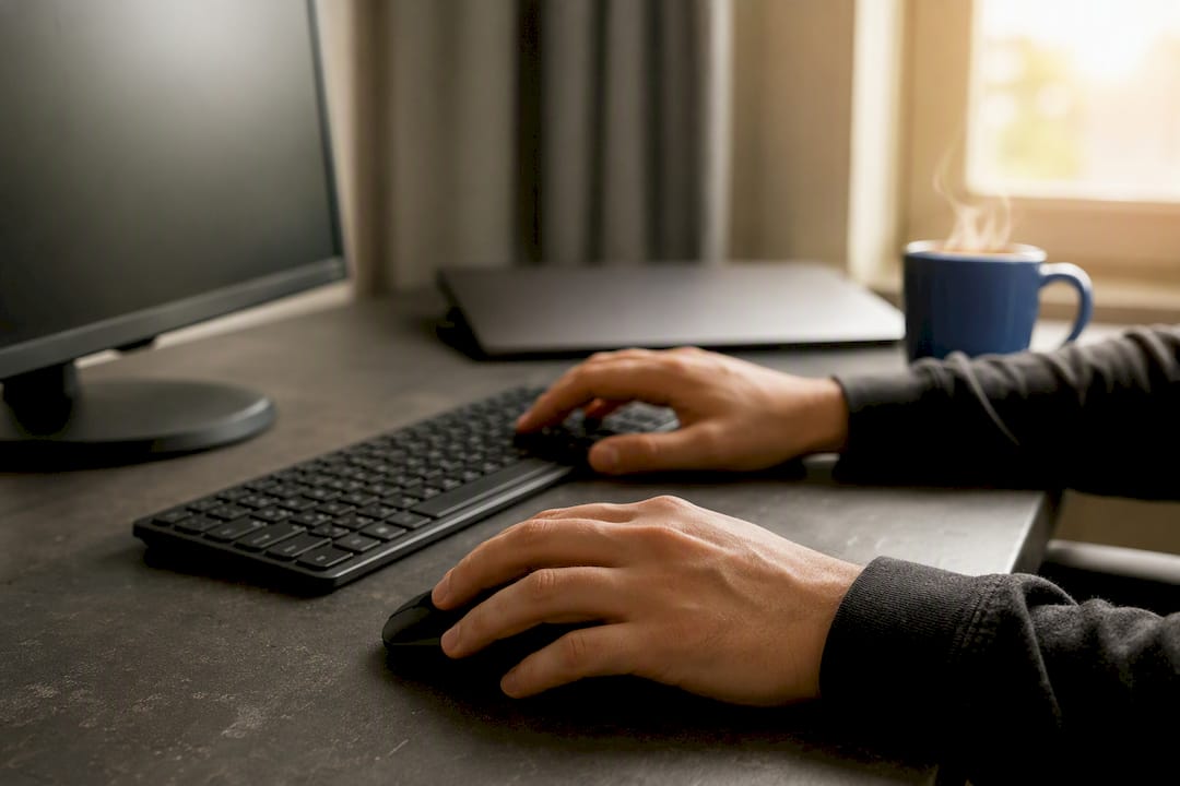 Hands controlling mouse and keyboard for screen recording
