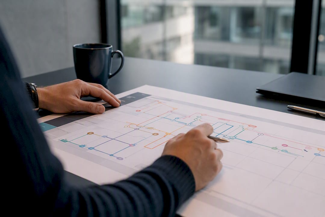 Hands pointing to printed swimlane workflow map