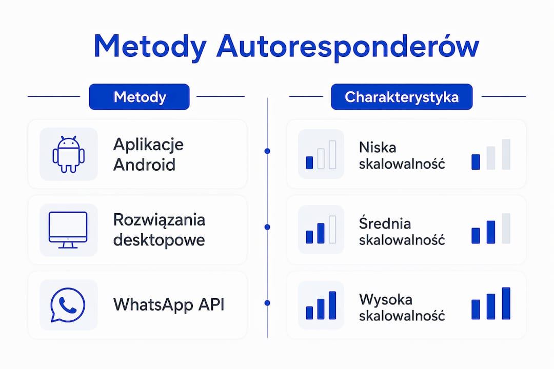 Porównawcza infografika prezentująca różne sposoby automatyzacji odpowiedzi na WhatsAppie