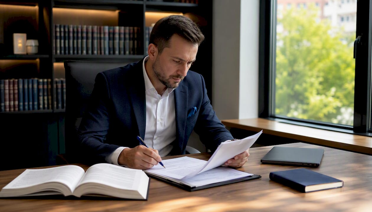 W zaciszu kancelarii prawnik dokładnie przegląda dokumenty, skupiając się na każdym szczególe.