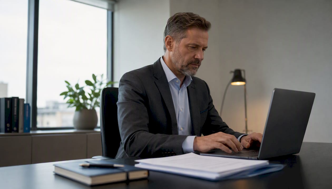 Prawnik pracuje przy laptopie, otoczony wydrukami i dokumentami w formacie PDF, skupiony na analizie sprawy w swoim biurze.