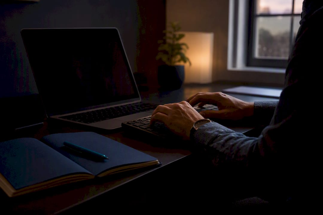 Osoba skupiona przy pracy, pisząca na laptopie w biurowym otoczeniu.