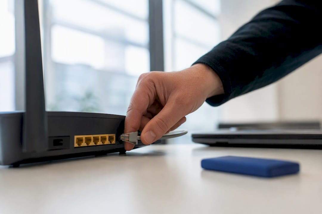 Osoba podłącza kabel sieciowy w biurze