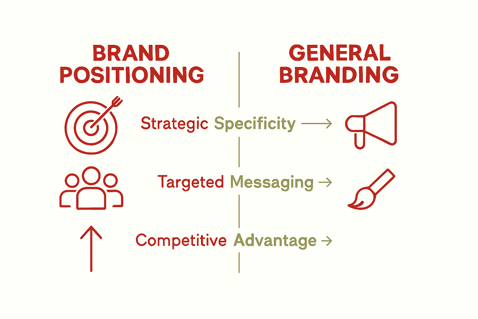 Infographic comparing brand positioning and branding approaches with icons and arrows.