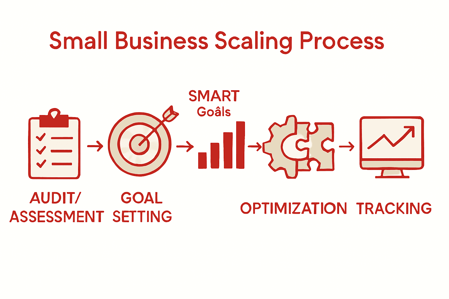 Infographic showing five-step business scaling process flow with icons.