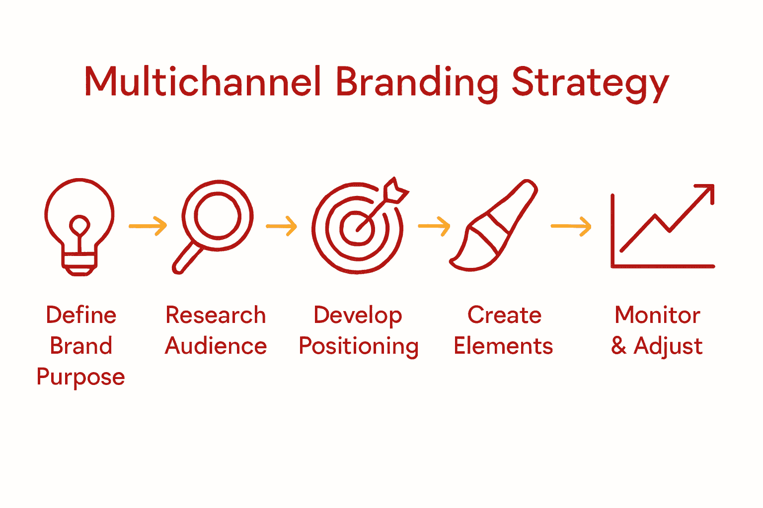 Infographic of six branding strategy steps as a flowchart with icons and arrows
