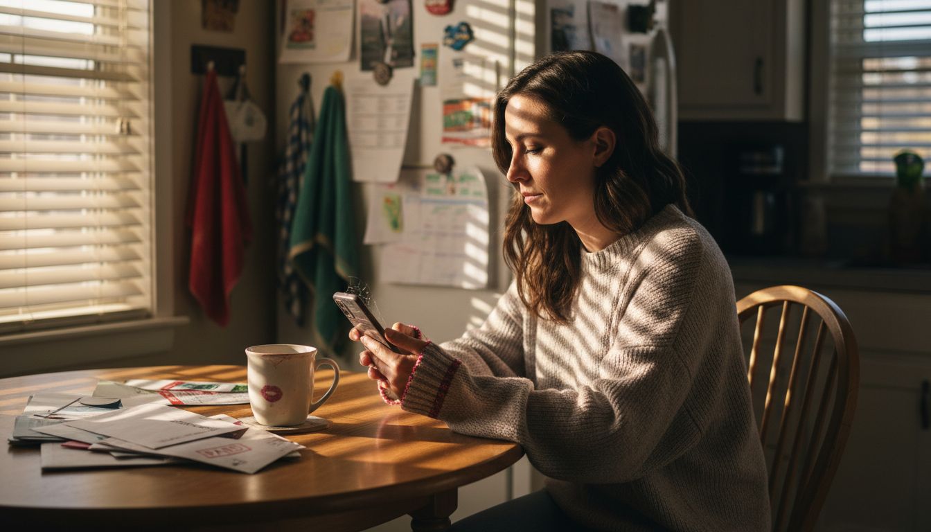 Woman shops on mobile at kitchen table