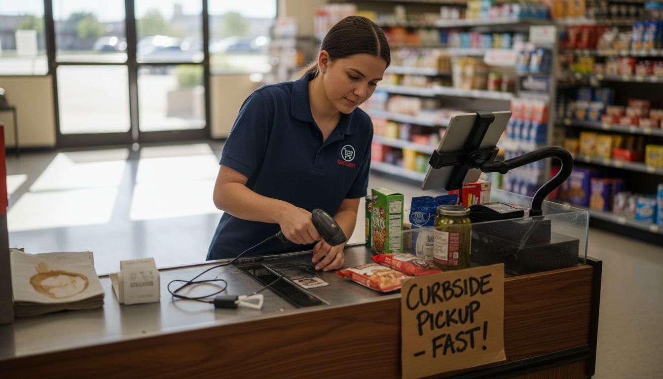 Employee works front counter with tablet checkout