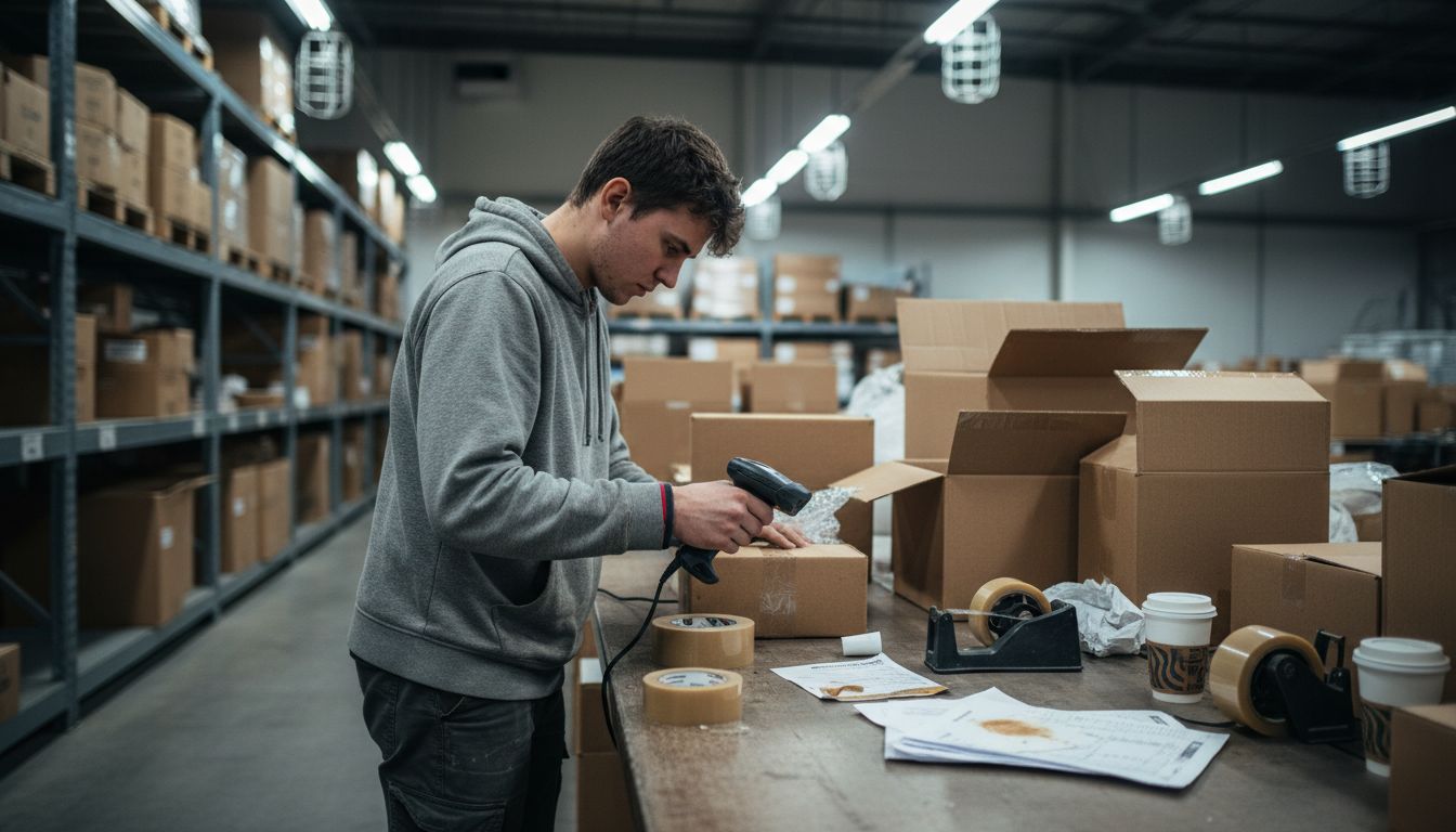 Worker scanning parcels in busy warehouse