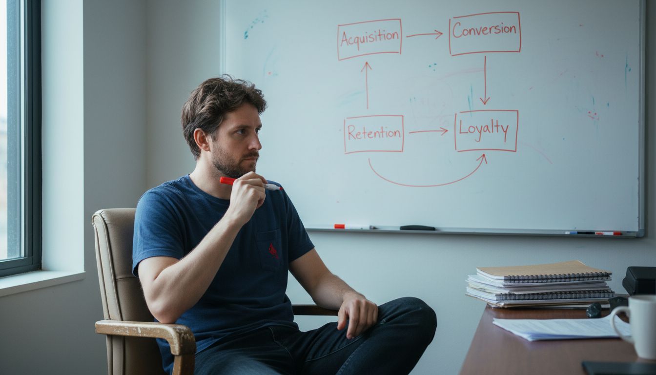Analyst outlining customer lifecycle stages on whiteboard