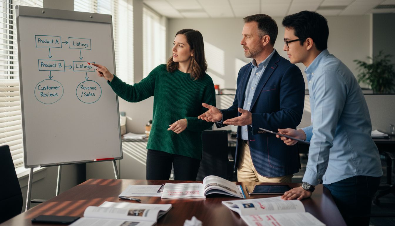 Team planning digital shelf strategy on whiteboard