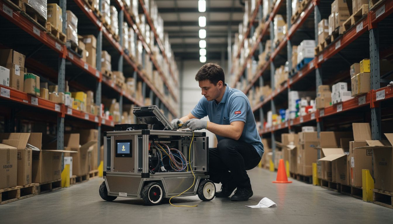 Technician repairing robot in retail warehouse