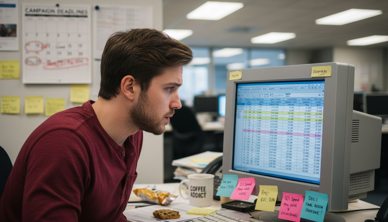 Analyst reviewing risky marketing budget