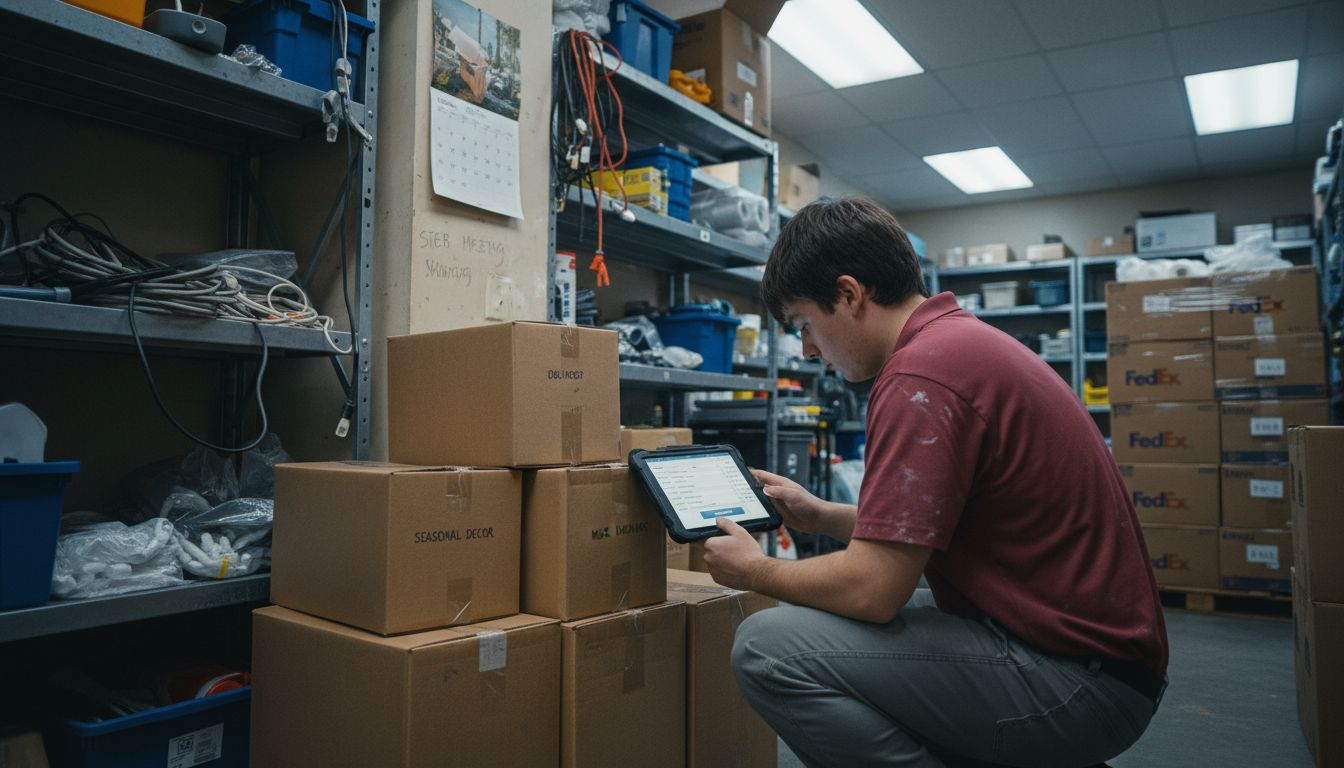 Employee updating inventory in store backroom