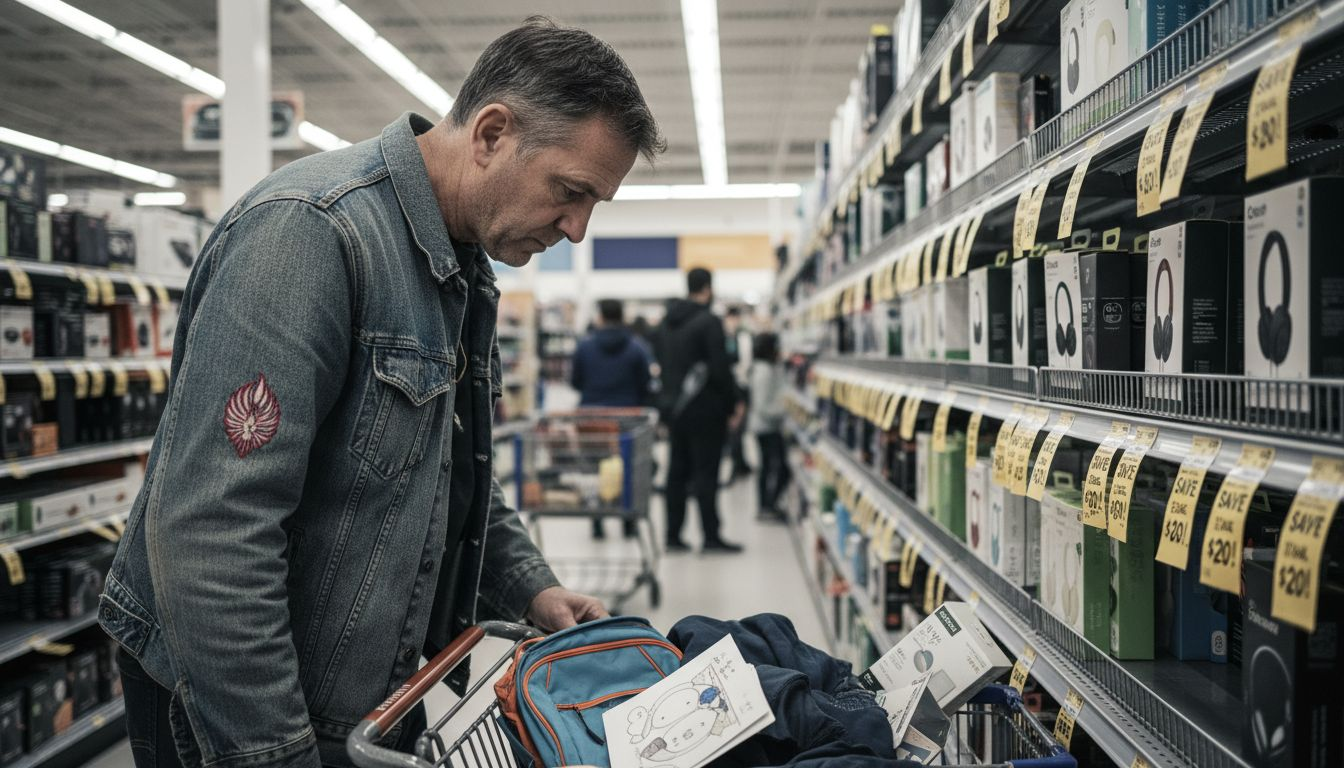 Shopper comparing products in electronics store