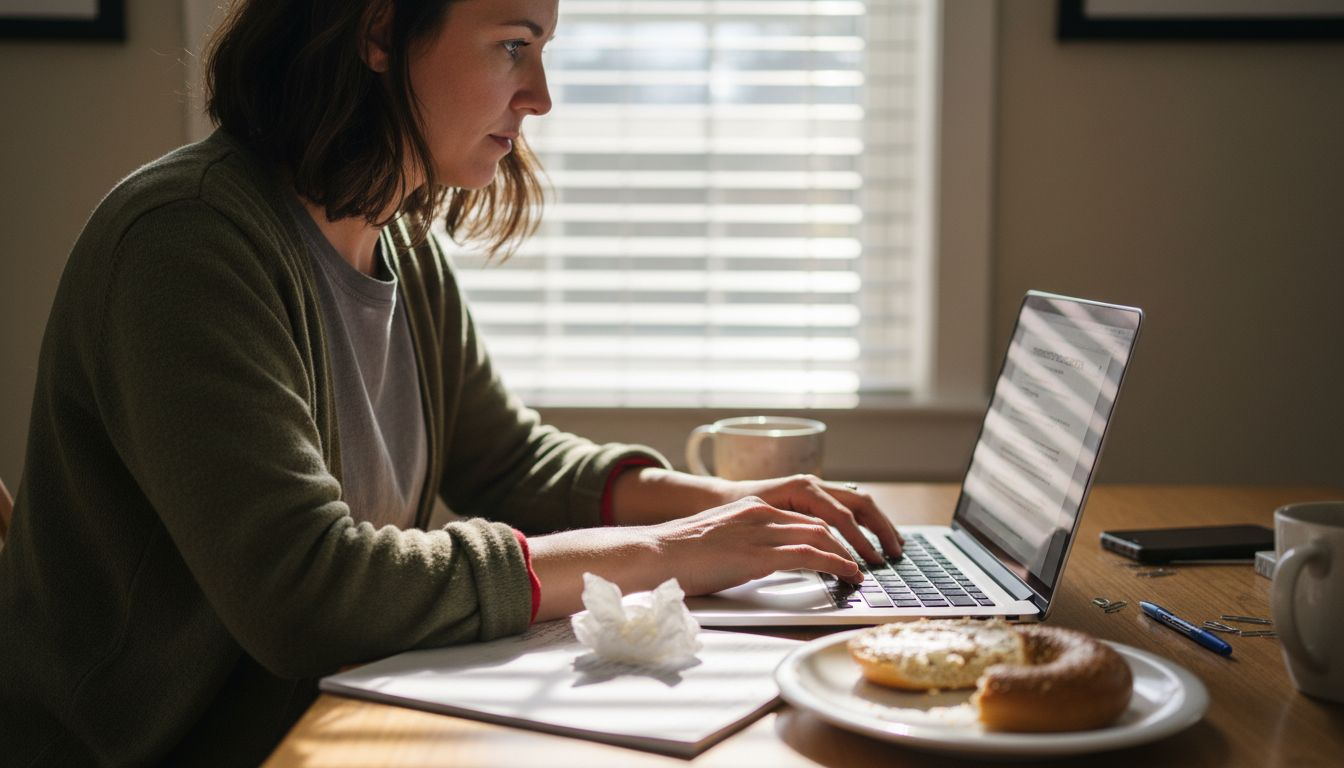Woman drafts product listing at kitchen table