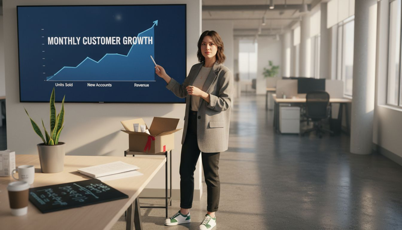 Brand manager reviewing online growth trends