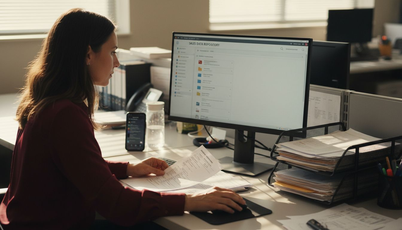 Retail manager organizing sales data files