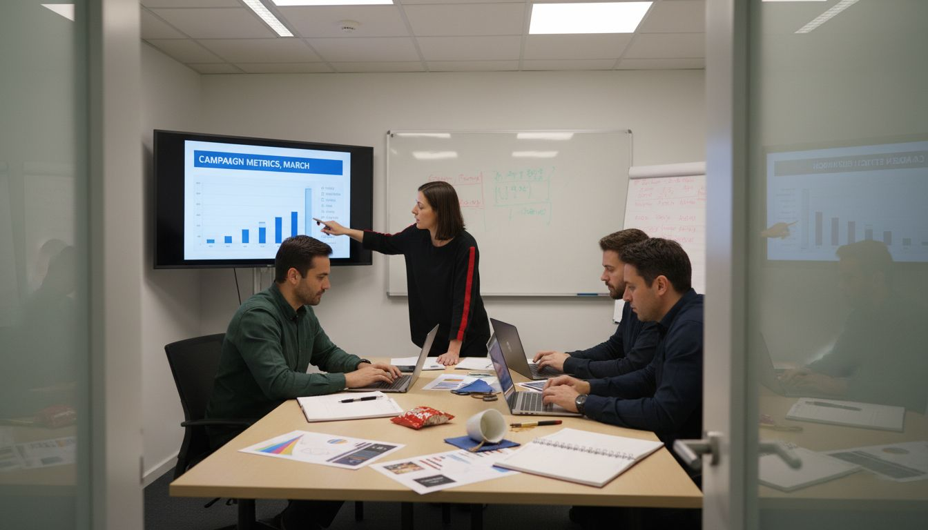 Marketing team reviewing campaign workflow together